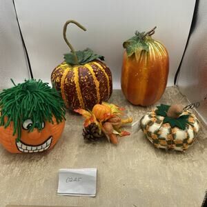 Lot Of 5-Pumpkins, 3-Plastic/Resin, 2-Fabric Halloween Decor, Fall, Autumn